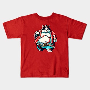 Retro Sumo Cat Humor: Vintage-Styled Feline Warrior Tee Kids T-Shirt